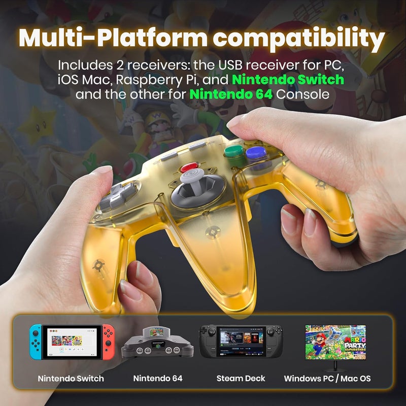 SAFFUN 2 Pack Wireless N64 Switch Online Controller, 2.4 GHz USB & N64 Receivers, Compatible with Windows PC macOS, N64 / Switch / NSO - (Rechargeable) (Plug and Play) (Built-in Rumble) (Clear Yellow/Black) - Image 5